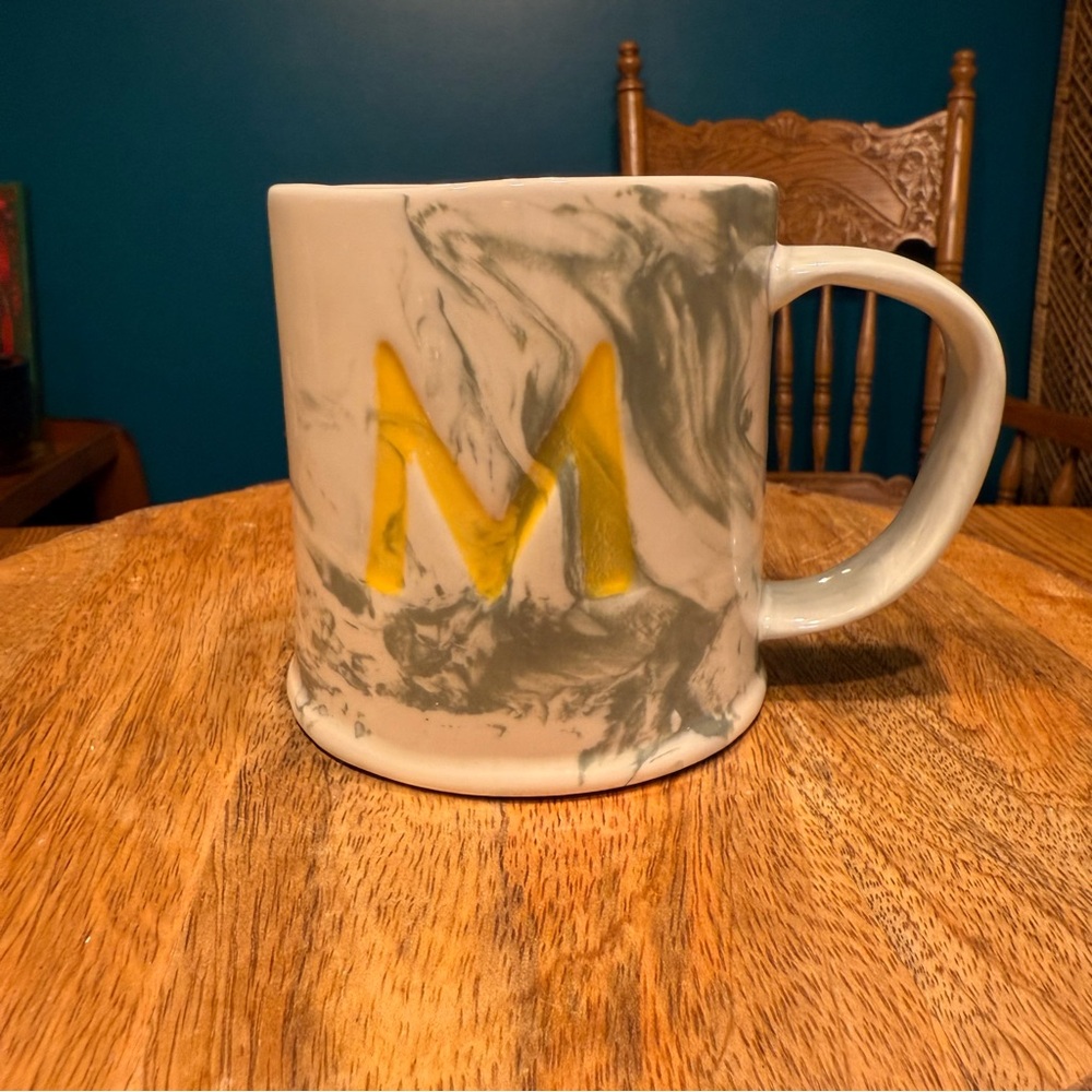 Anthropologie Mug Monogram Letter M Marbled Coffee Tea Mug Gray White Yellow